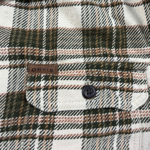 Orvis Mens L Flannel Plaid Shirt Long Sleeve Button Down Green Tan Heavyweight - Picture 10 of 11
